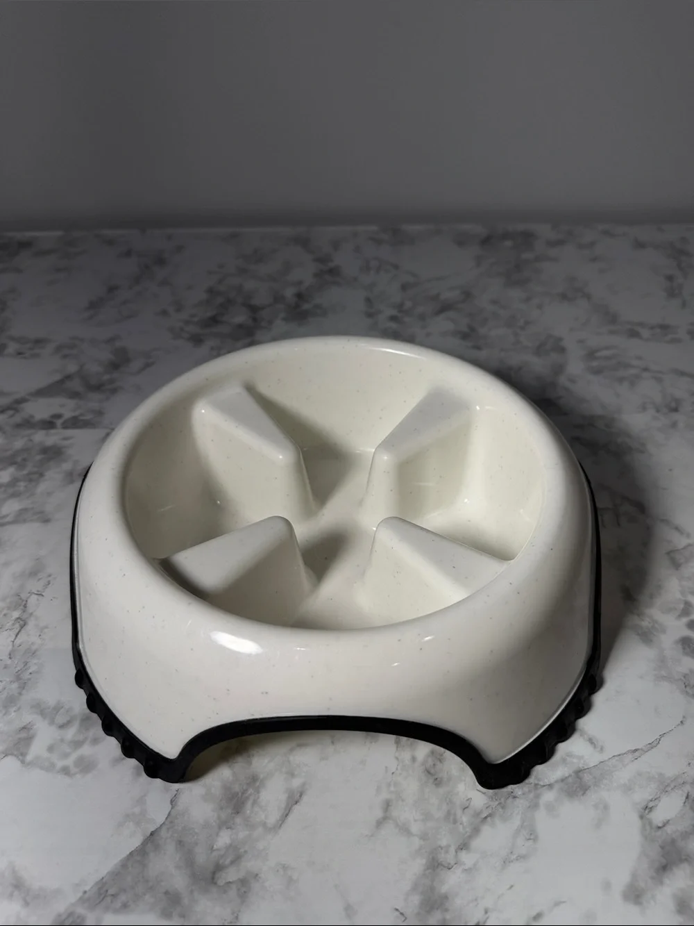 Modern Speckled White Slow Feeder Dog Bowl with Black Non Slip Base
